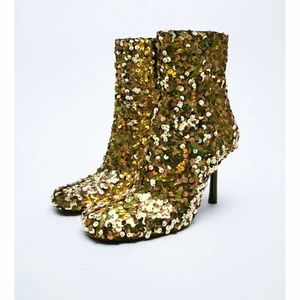 NWT Zara Gold Sequin Ankle Boots Sz. 10